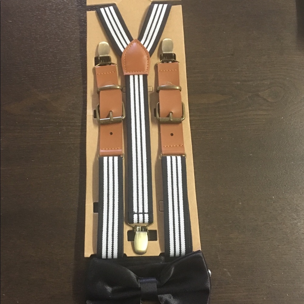 Black and White Striped Suspenders and Bow Tie Set